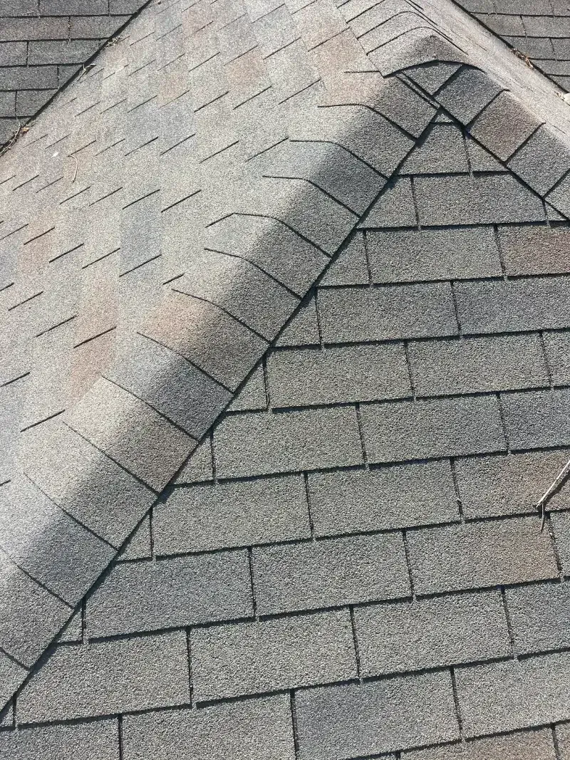 Close-up of a weathered asphalt shingle roof, showing a dark algae streak along the ridge.