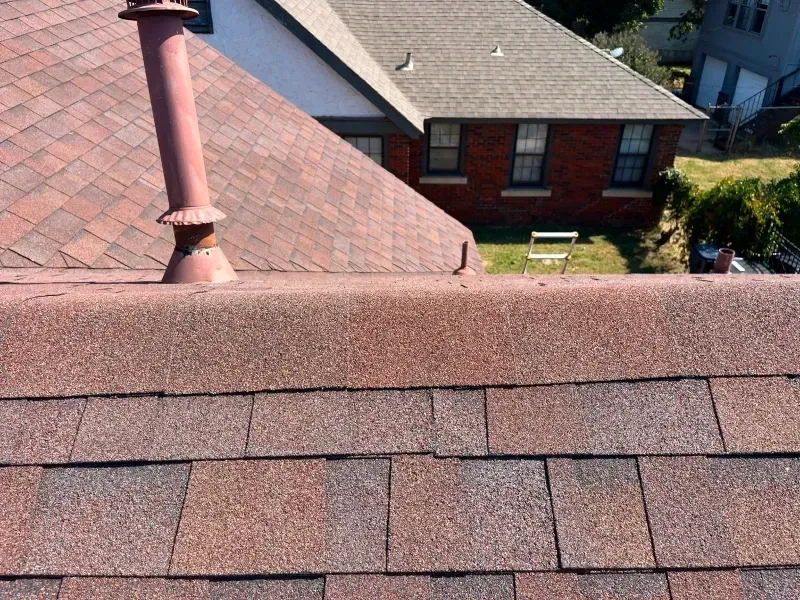 Close-up of a brown asphalt shingle roof with a red chimney, overlooking another roof and brick building.