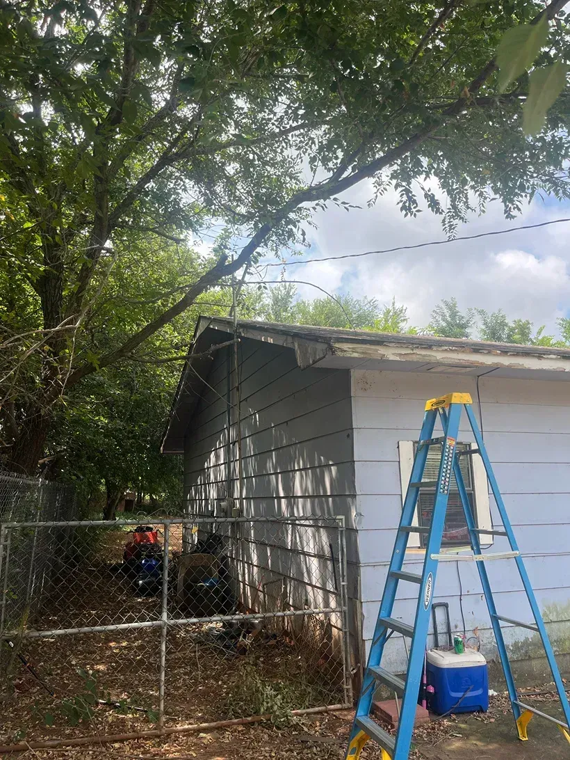 A blue ladder next to a white building. Wires run above the roof; trees and a fence are in view.