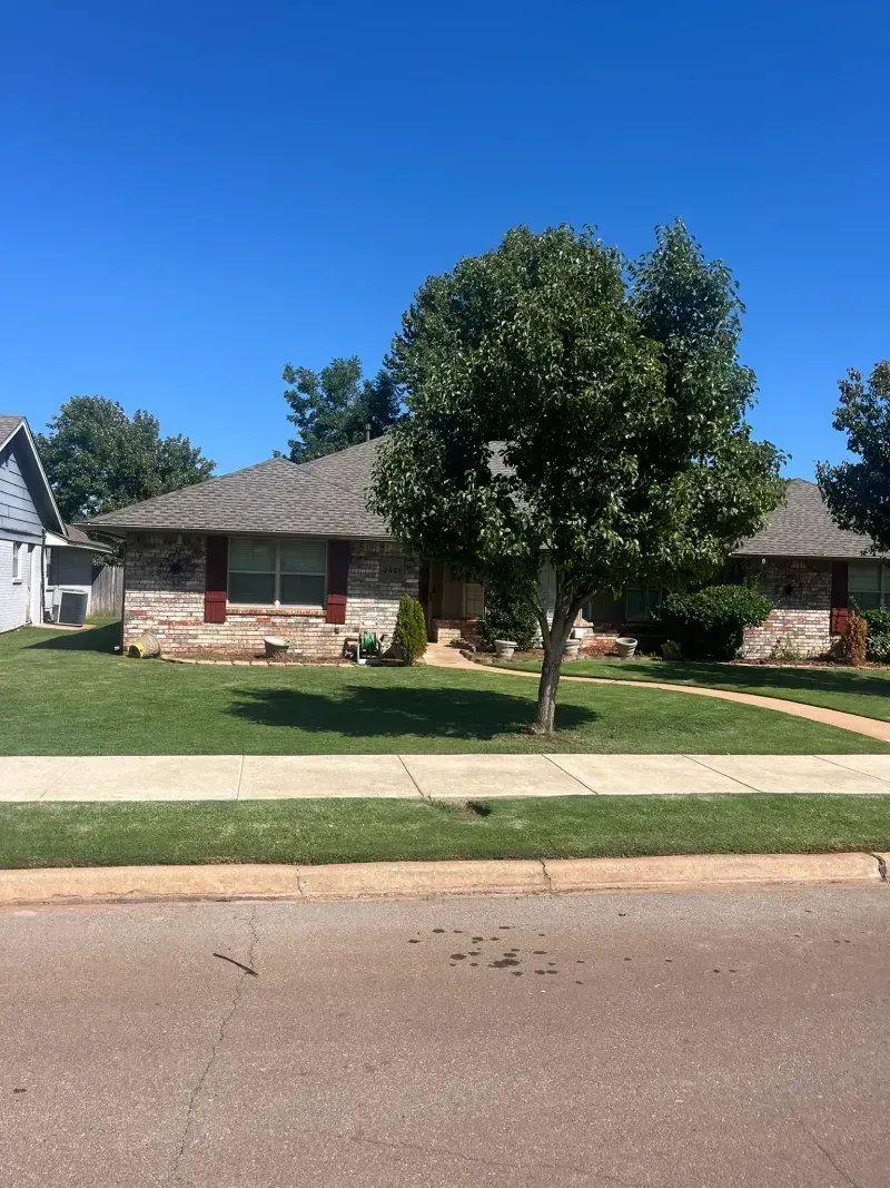 Single-story brick house with a brown roof and a tree in front, on a sunny day.