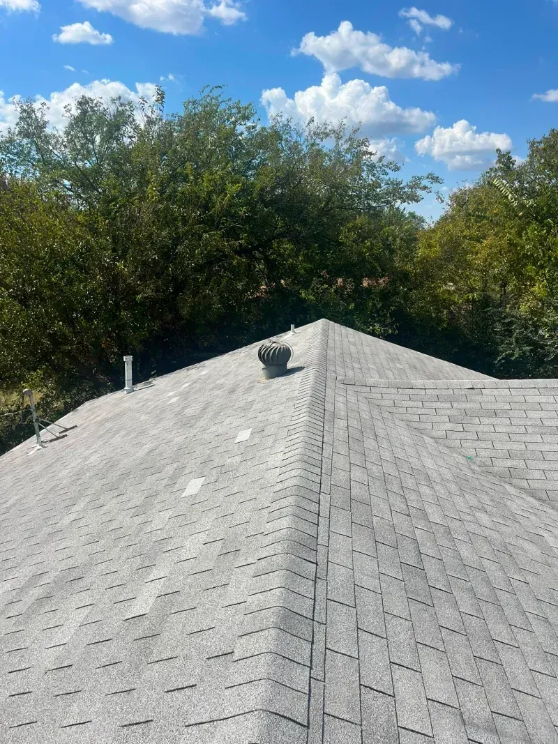 View of a gray shingle roof, with trees in the background under a blue sky with clouds.