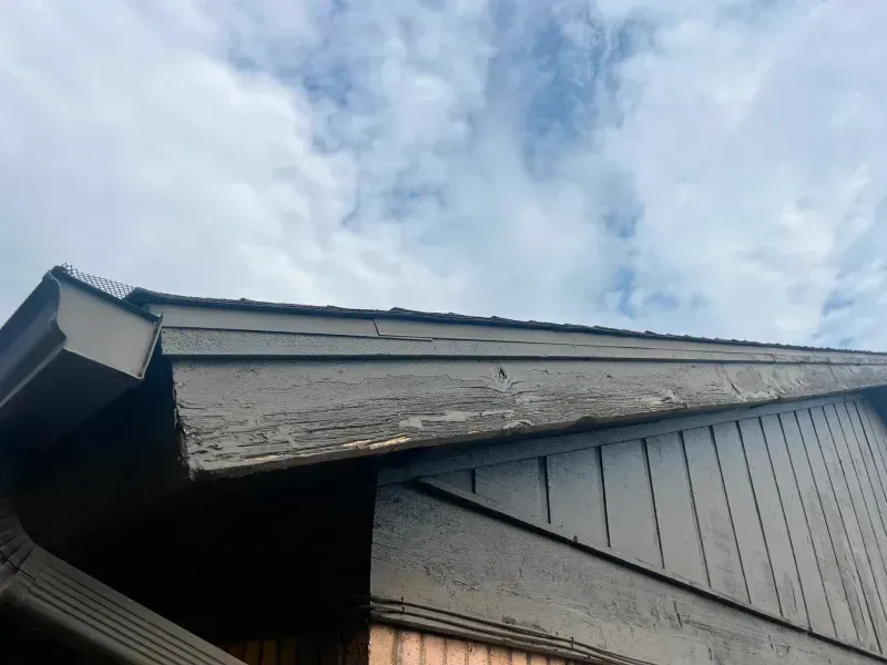 Dark brown roof and siding with visible peeling paint against a cloudy sky.