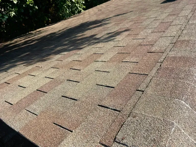 Close-up of a brown asphalt shingle roof, with a pattern of darker brown shingles.