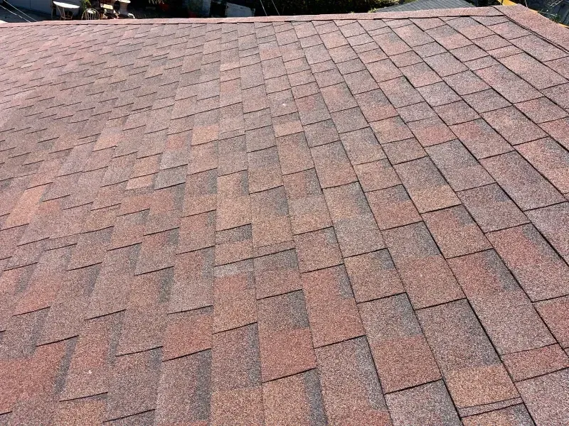 Red and brown asphalt shingle roof.