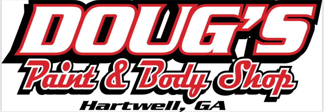Logo for Doug&rsquo;s Paint & Body Shop in Hartwell, GA, featuring bold white, red, and black text on a white background.