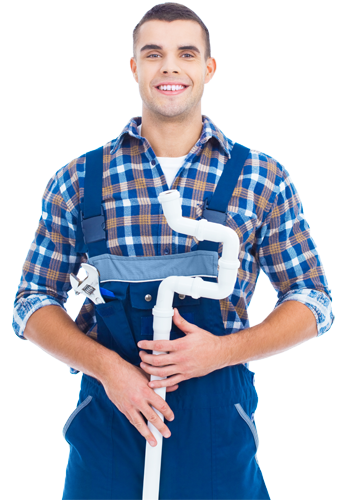 man in blue overalls holding pipe