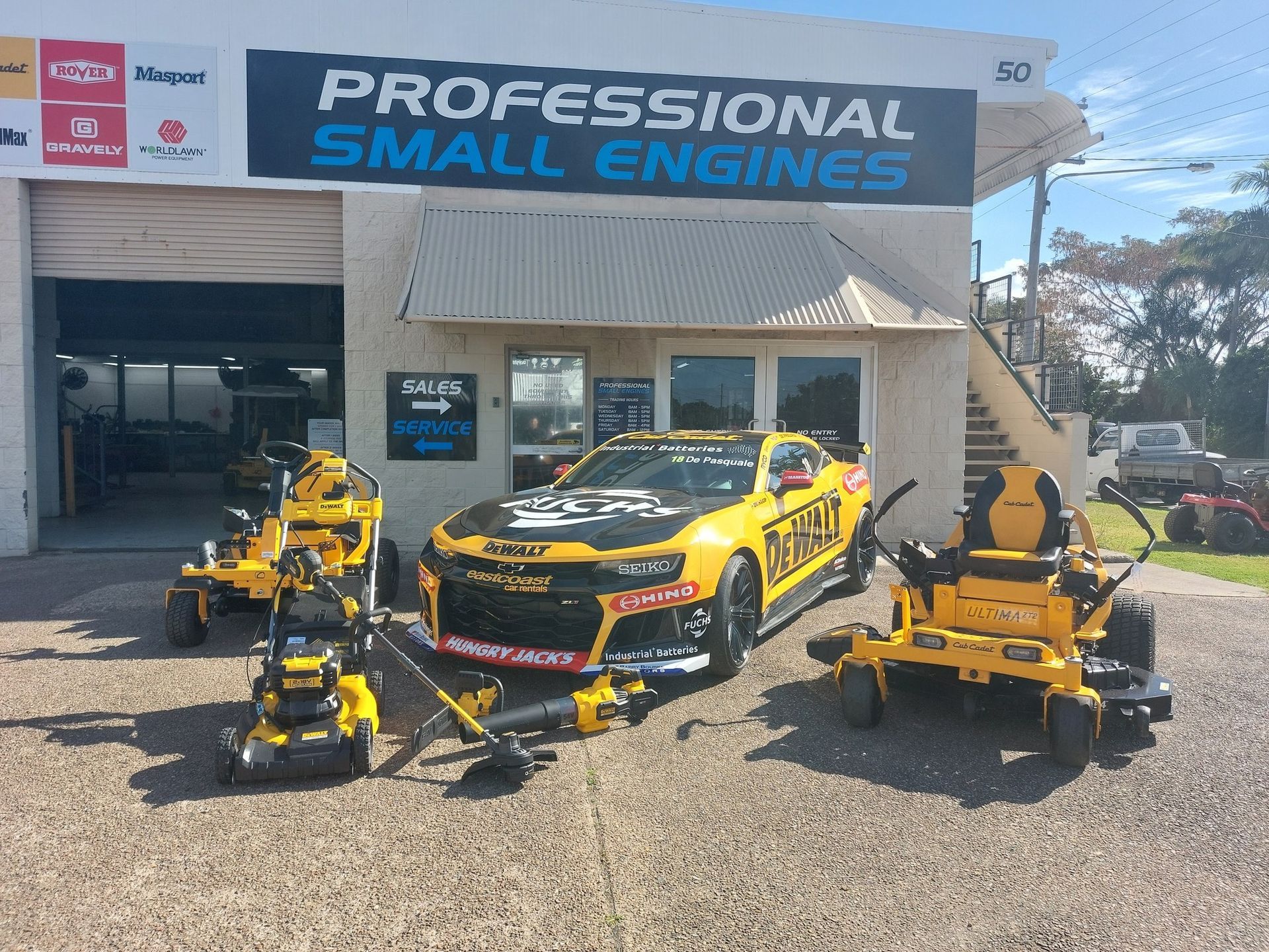 Exterior of Professional Small Engines Shop With Lawn Equipment — Professional Small Engines in Aitkenvale, QLD