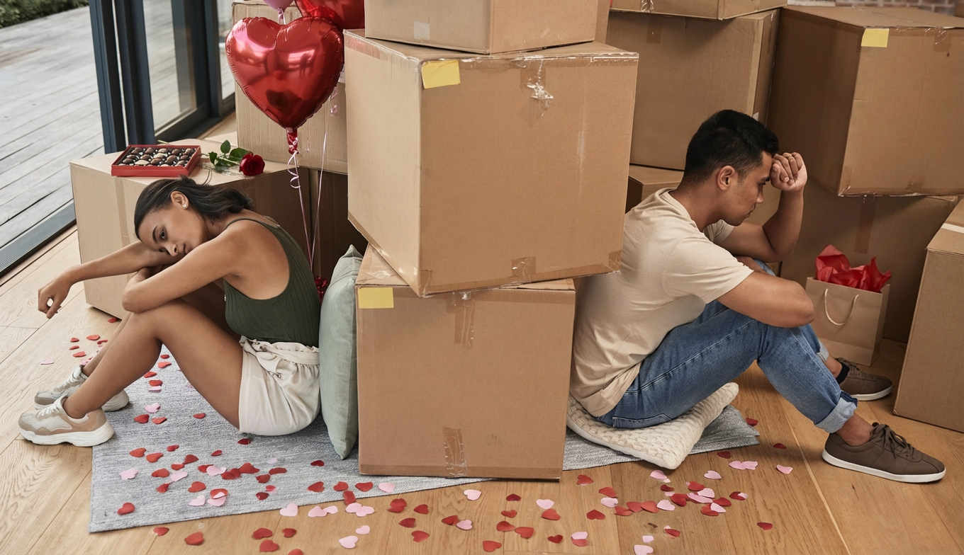 Couple sits dejectedly among moving boxes, Valentine's Day decorations strewn on floor.