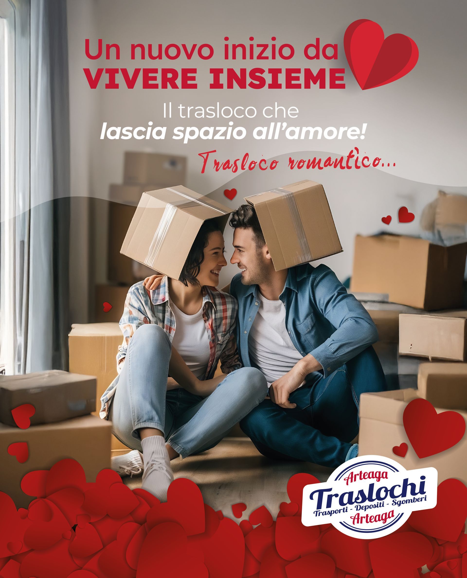 Couple with boxes on their heads, smiling, surrounded by moving boxes, ad for Trastochi, moving services.