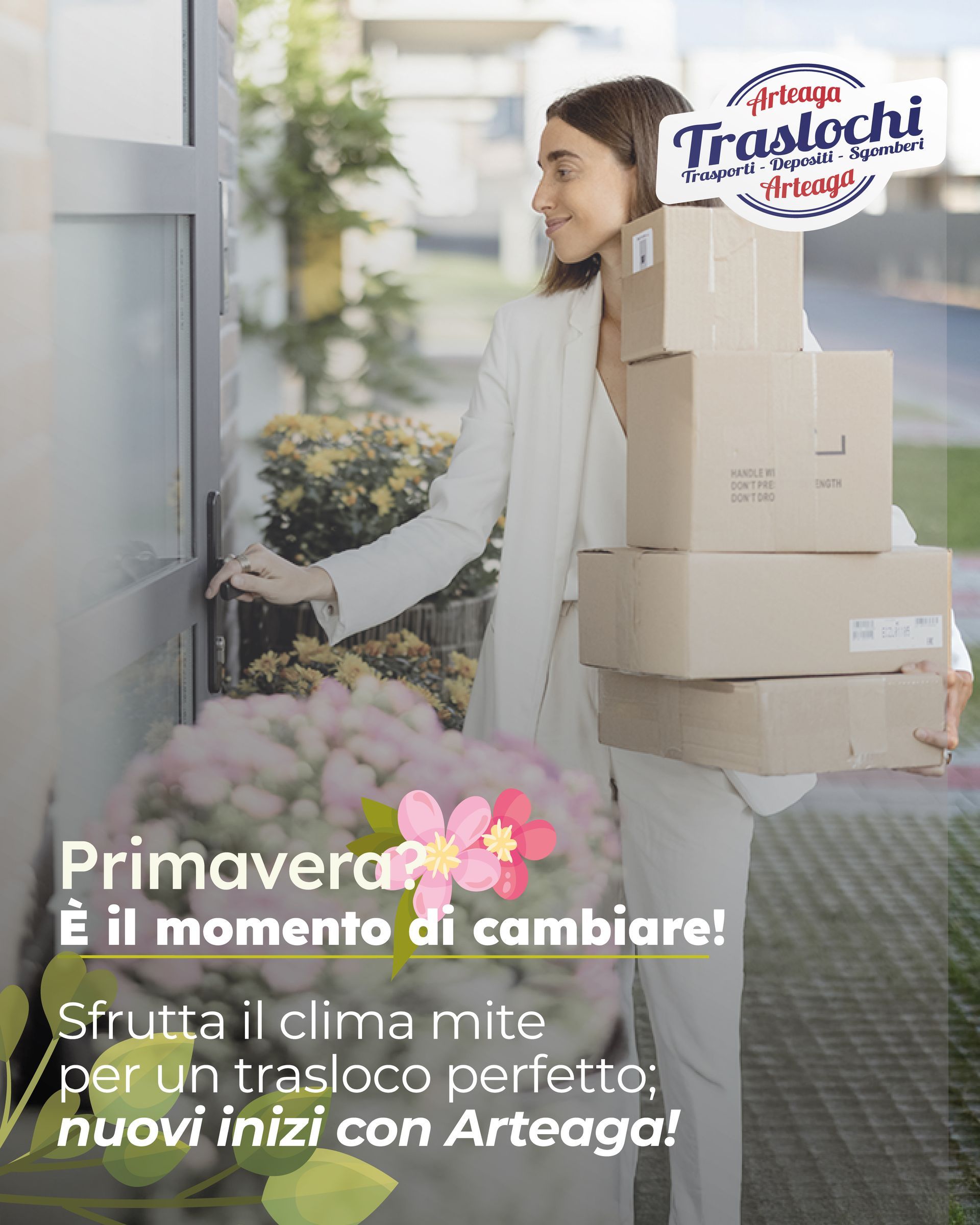 A woman is holding a stack of cardboard boxes in front of a door.