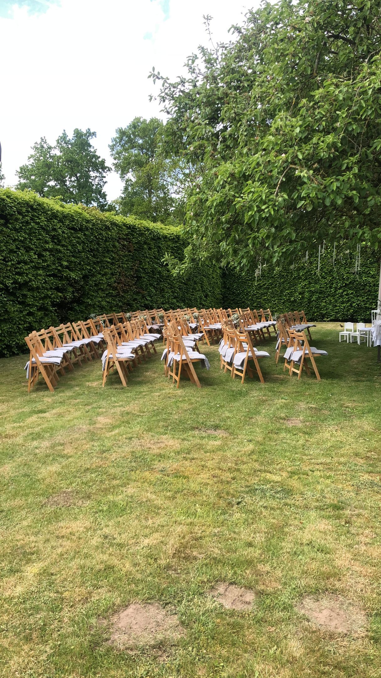 Houten stoelen met witte kussens staan ​​opgesteld op een grasveld; bomen op de achtergrond.