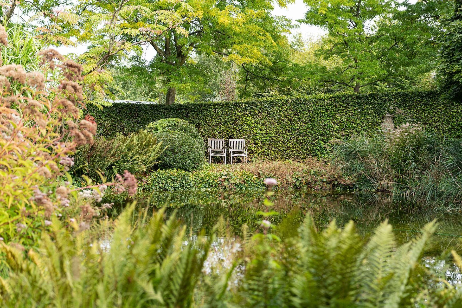 Een weelderige tuin met een vijver en een zitgedeelte, omgeven door groen en bomen.