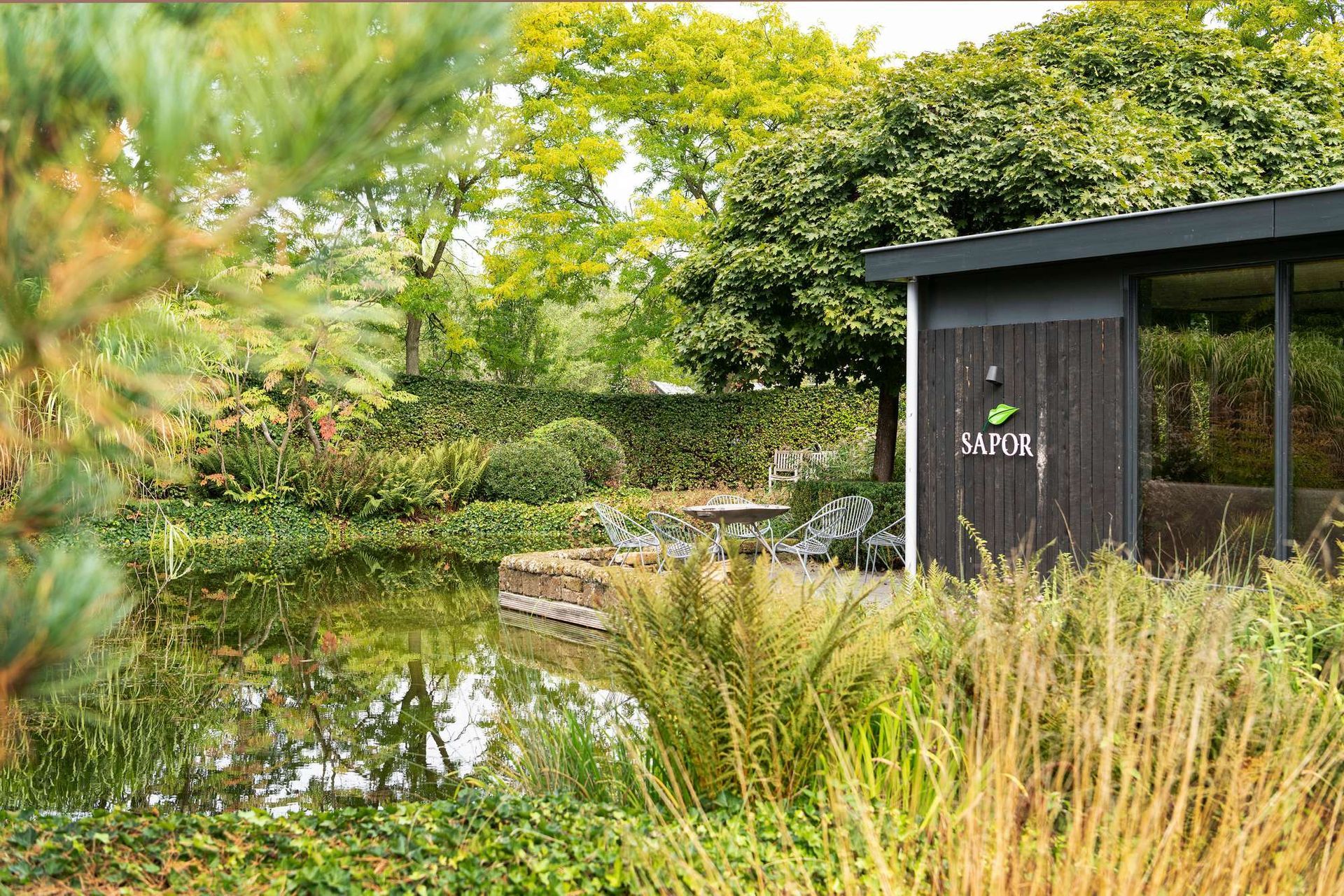 Een weelderige tuin met een vijver, hoog gras en een zwart schuurtje met het woord 