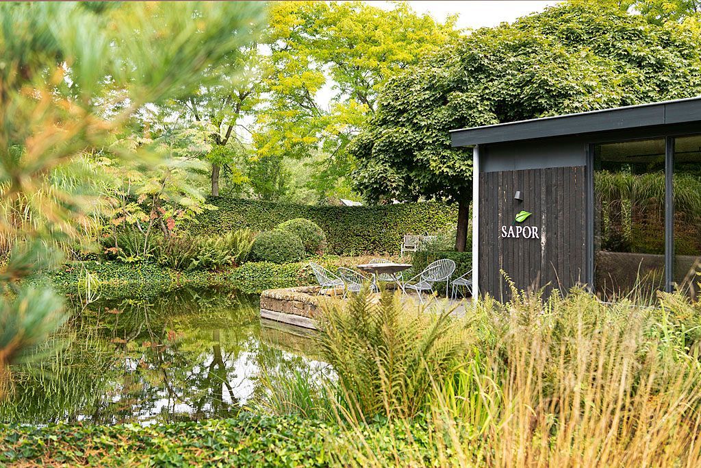 Een rustig vijverbeeld met een klein houten bouwwerkje, omgeven door weelderig groen en hoog gras.