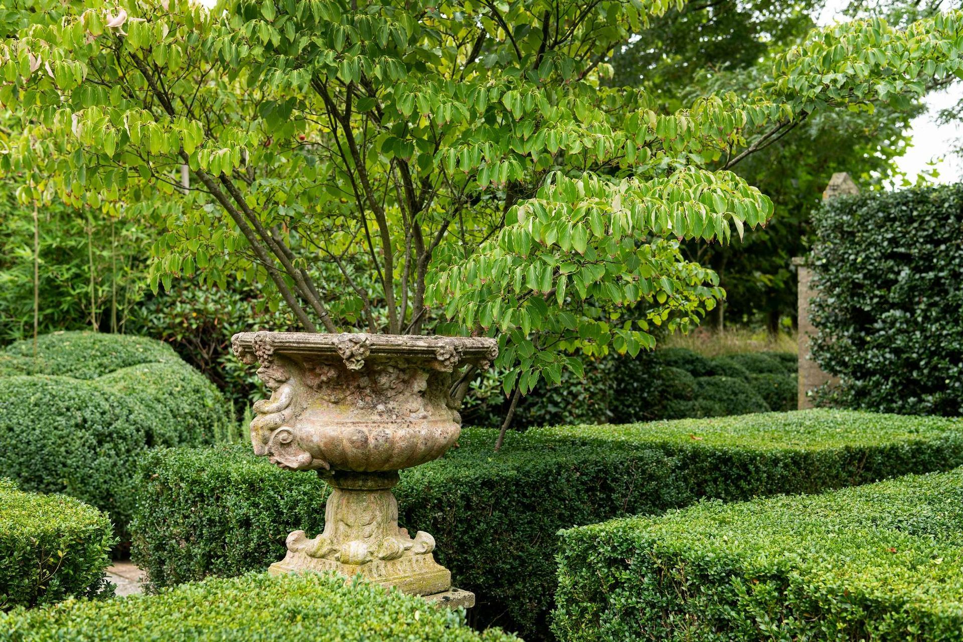 Een stenen urn in een formele tuin met keurig gesnoeide groene hagen en een boom met veel bladerdak.