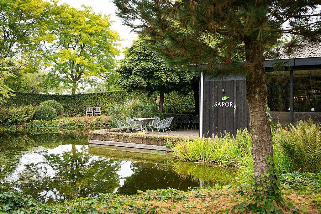 Een vijver in een tuin met weerspiegelingen van bomen en een donker, modern gebouw.