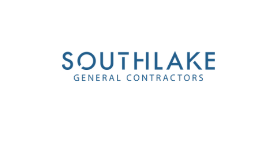 The logo for southlake general contractors is blue and white