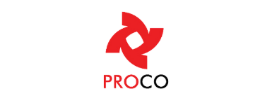 A red and white logo for a company called proco on a white background.