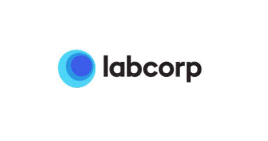 A labcorp logo with a blue circle in the middle on a white background.