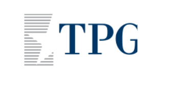 A blue and white logo for tpg on a white background