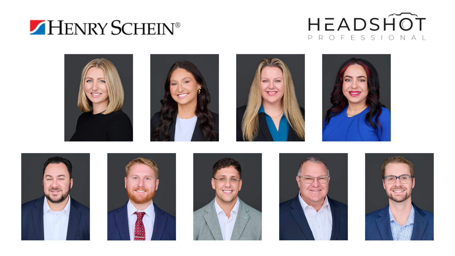 A group of people standing next to each other in front of a henry schein logo.