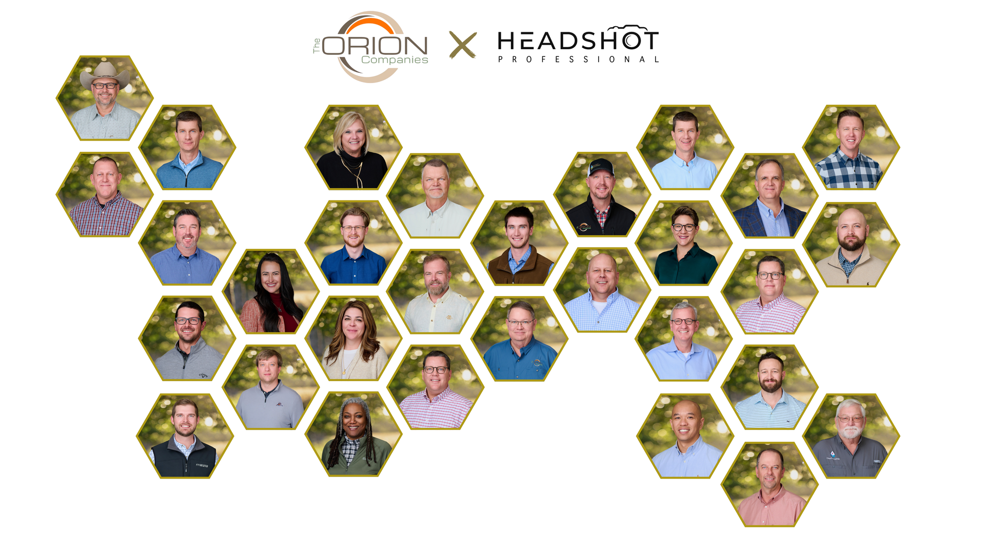 A group of people are standing in a grid of hexagons.