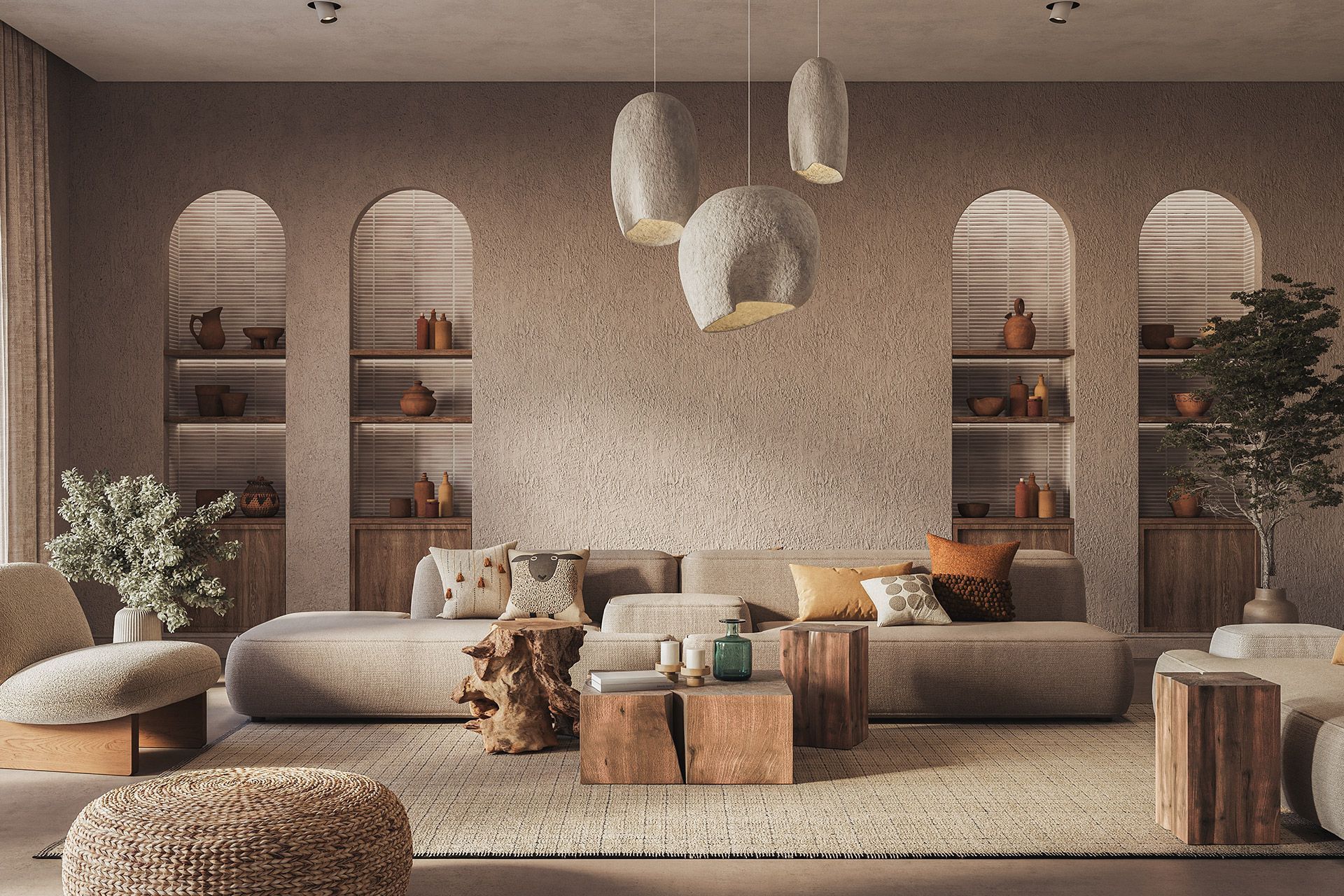 Modern beige living room with arched niches, plush sectional, wood tables, and hanging pendant lights