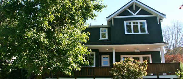 Green house with white-trim windows and a front porch behind a large leafy tree