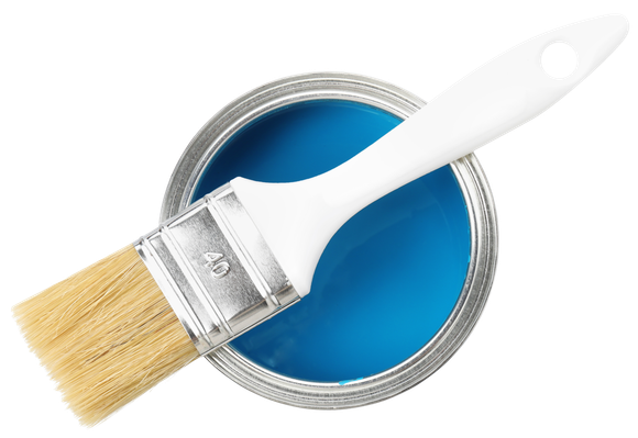 Paintbrush resting on an open can of blue paint