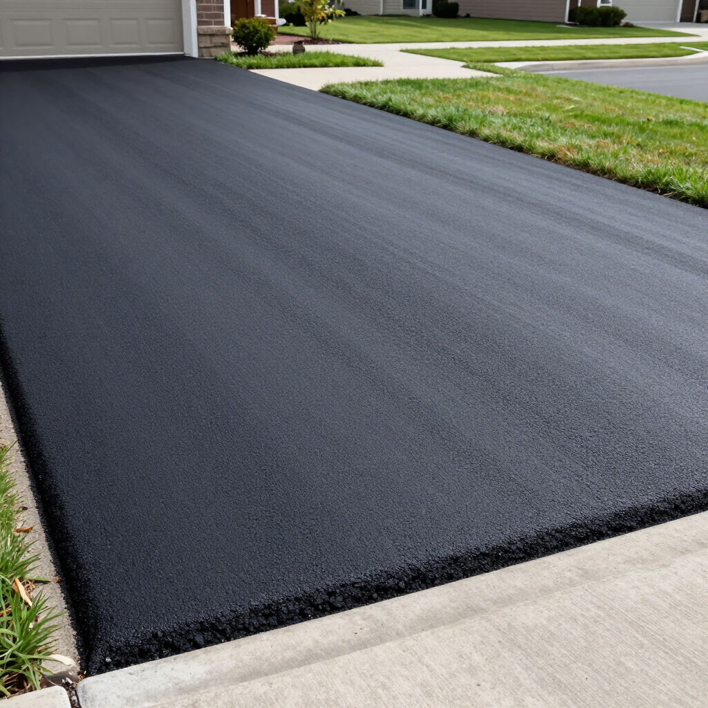 A freshly paved, dark asphalt driveway meeting a concrete sidewalk next to a suburban lawn.