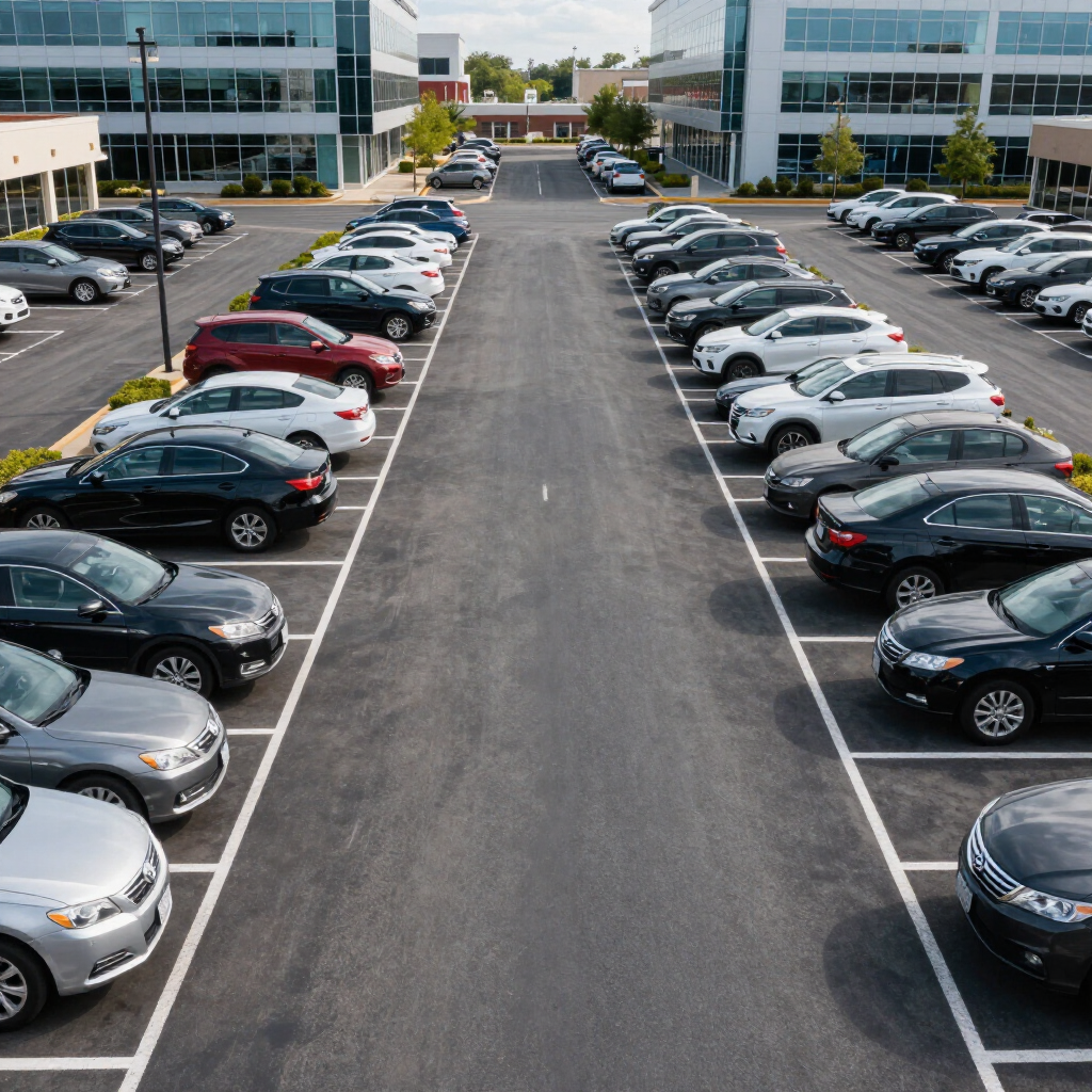 An overhead view of a large, outdoor parking lot filled with many cars between two modern glass office buildings.