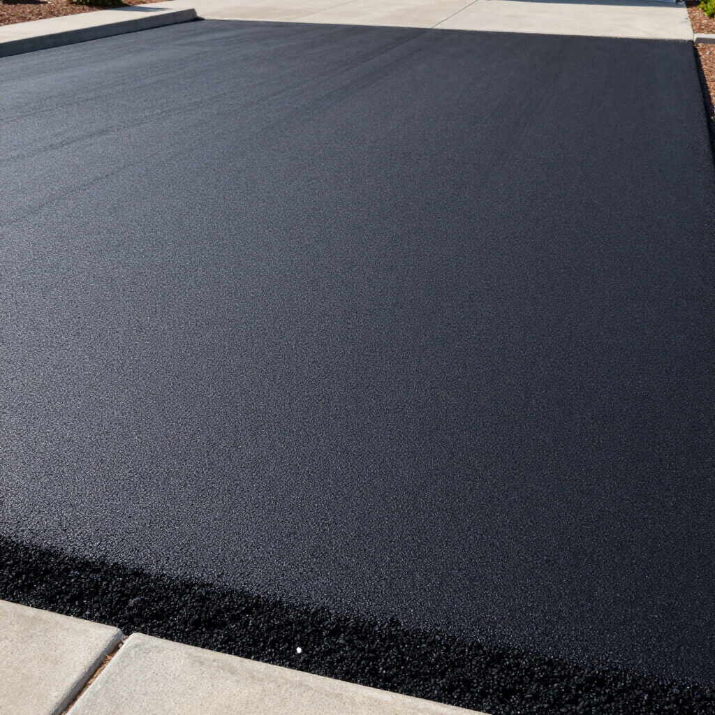 A view of freshly laid, smooth black asphalt pavement meeting light-colored concrete sections. A view of freshly laid, smooth black asphalt pavement meeting light-colored concrete sections.