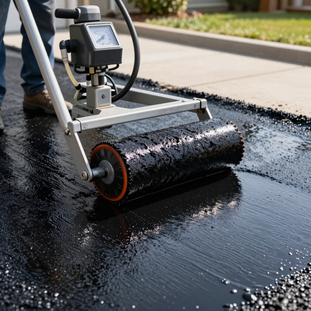 A person uses a mechanical roller to apply black sealant to a driveway.