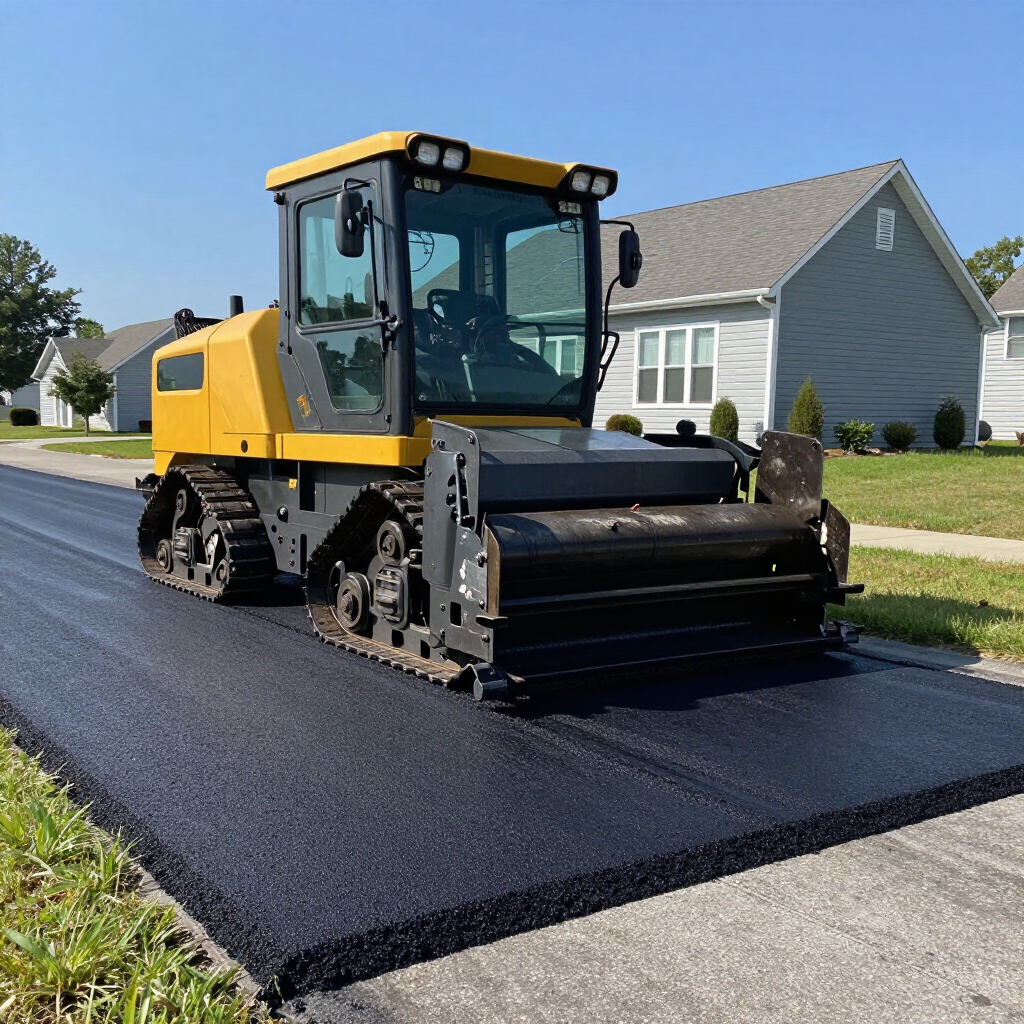 A yellow asphalt paver sits on a freshly paved black road in front of suburban houses. A yellow asphalt paver sits on a freshly paved black road in front of suburban houses.