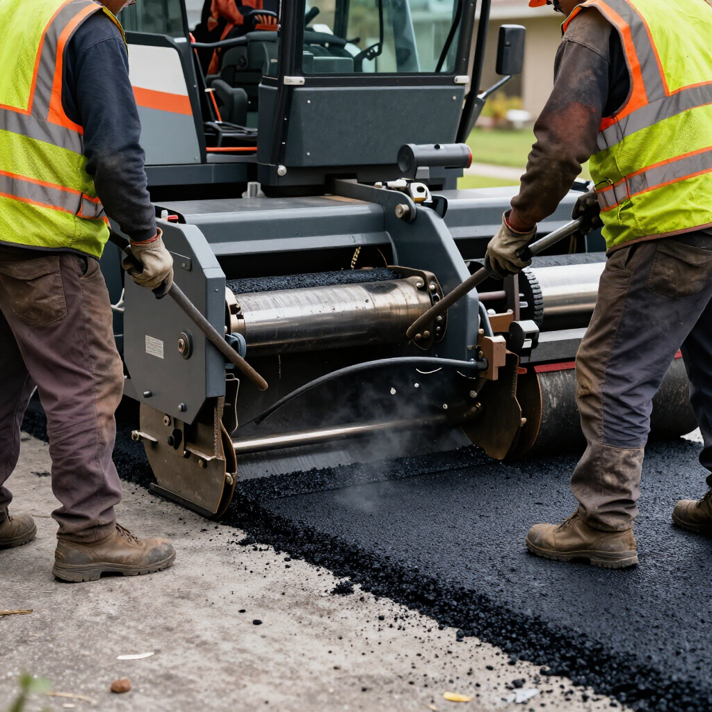 Two workers in high-visibility vests operate a paving machine to spread fresh asphalt on a road.
