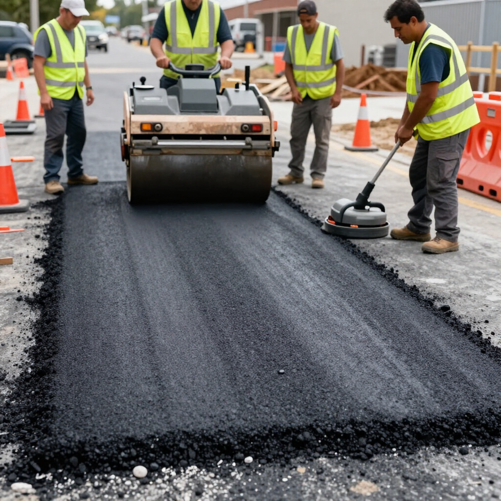 Four construction workers in safety vests are paving a road using a walk-behind roller and a plate compactor.