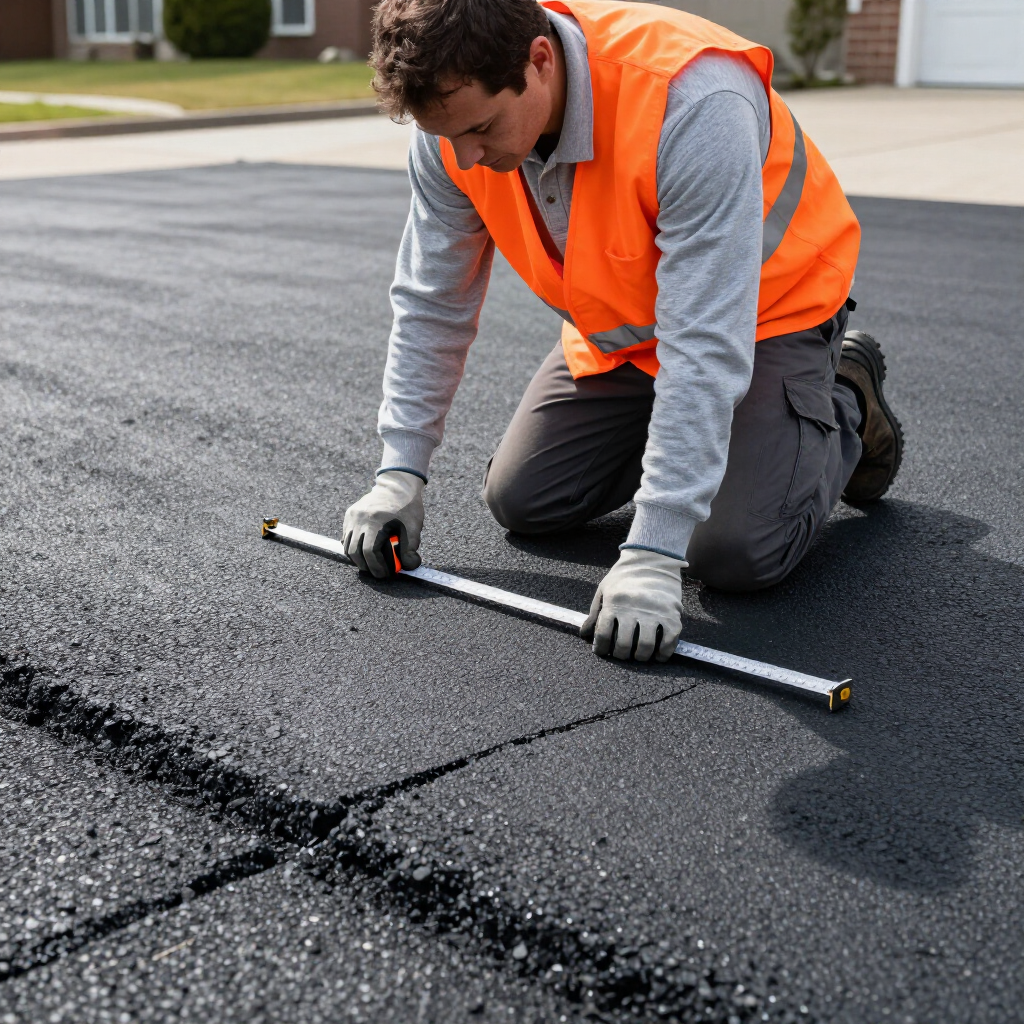 A worker in an orange safety vest kneels on a paved surface, using a measuring tool to check the width of a joint. A worker in an orange safety vest kneels on a paved surface, using a measuring tool to check the width of a joint.