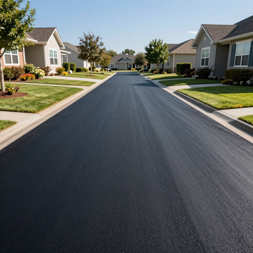 A newly paved, dark asphalt road running through the center of a suburban residential neighborhood with houses and trees.