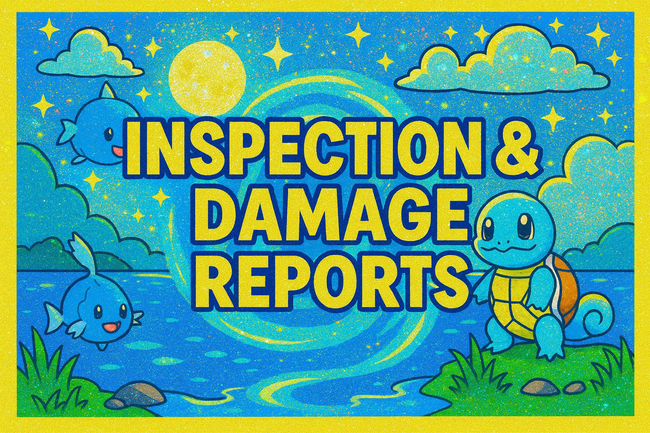 Inspection and damage reports banner with Squirtle and other Pokémon in a whimsical landscape.