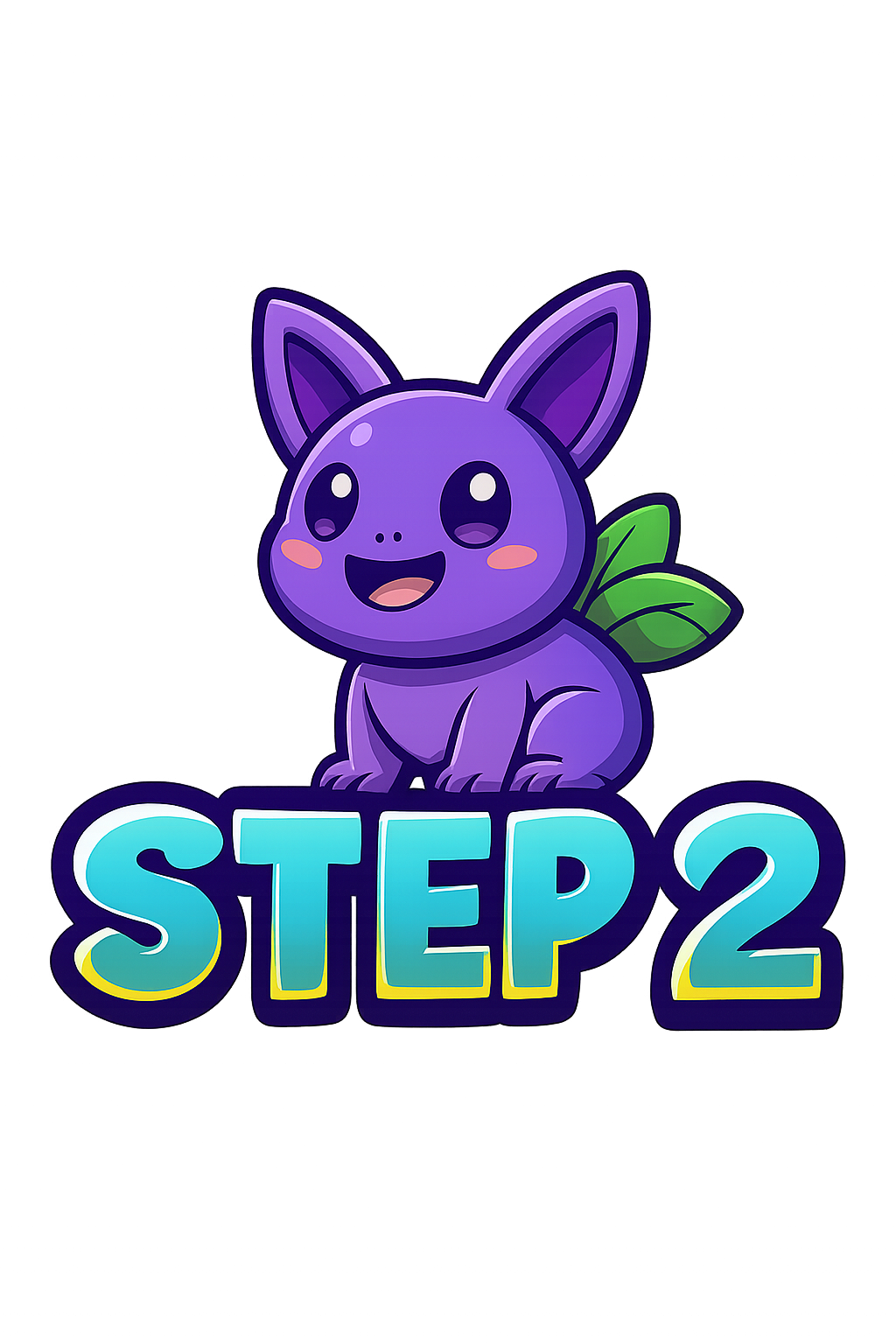 A purple cartoon bunny with green leaves, smiling above