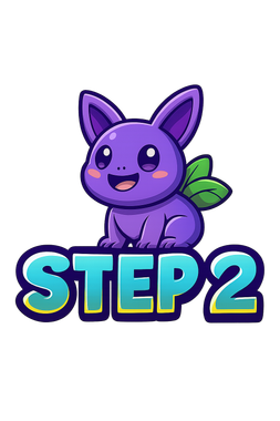 A purple cartoon bunny with green leaves, smiling above