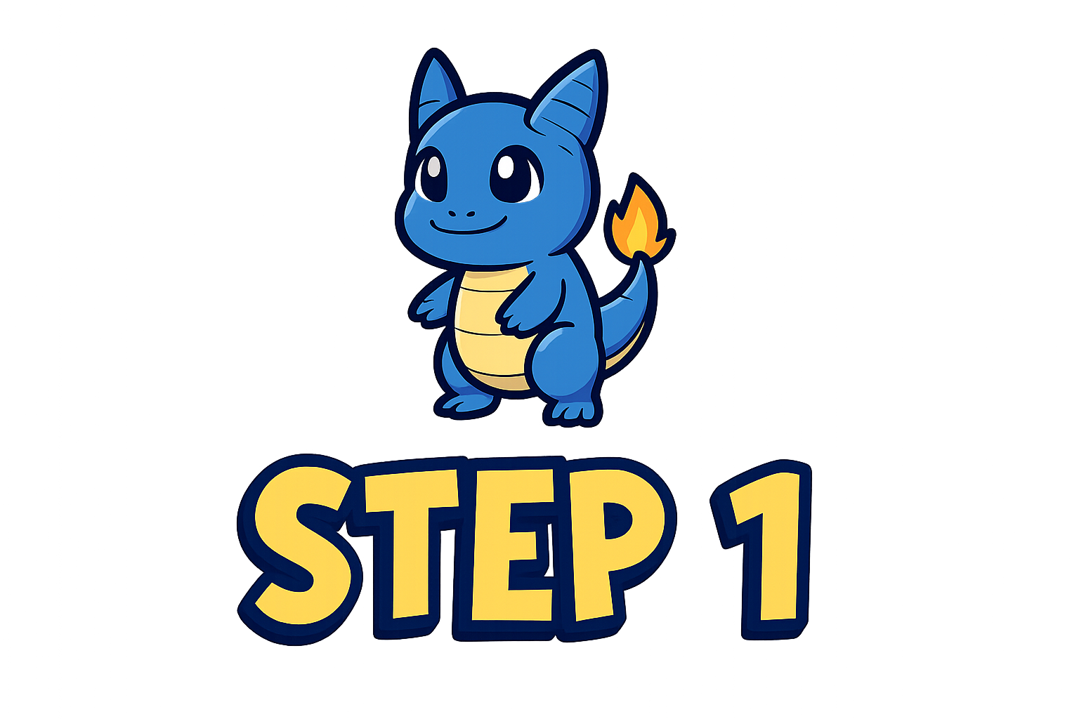 Blue cartoon Pokémon stands over text