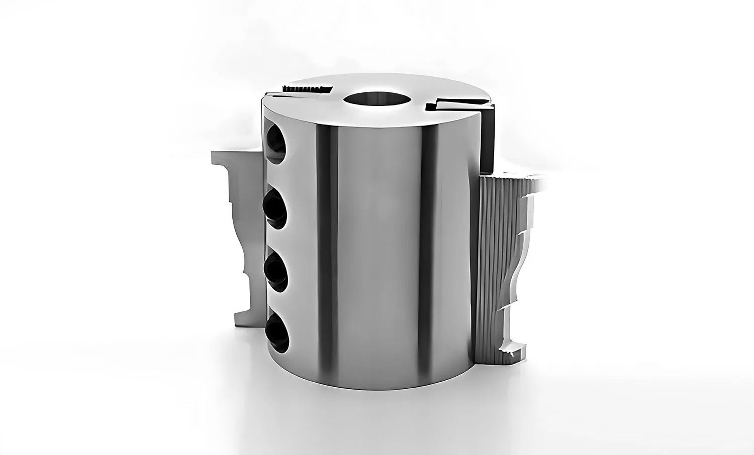 Metal cylindrical cutter with multiple holes on a white background. It has two protruding side brackets.