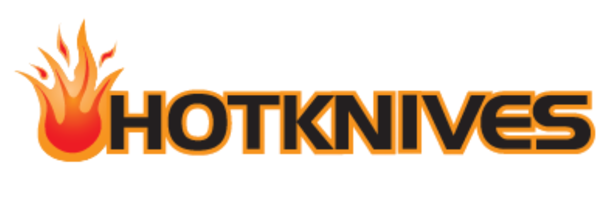 Logo for Hot Knives, featuring a flame graphic and the brand name in bold, stylized lettering.