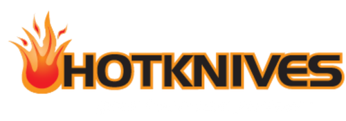 Logo for Hot Knives, featuring a flame graphic and the brand name in bold, stylized lettering.