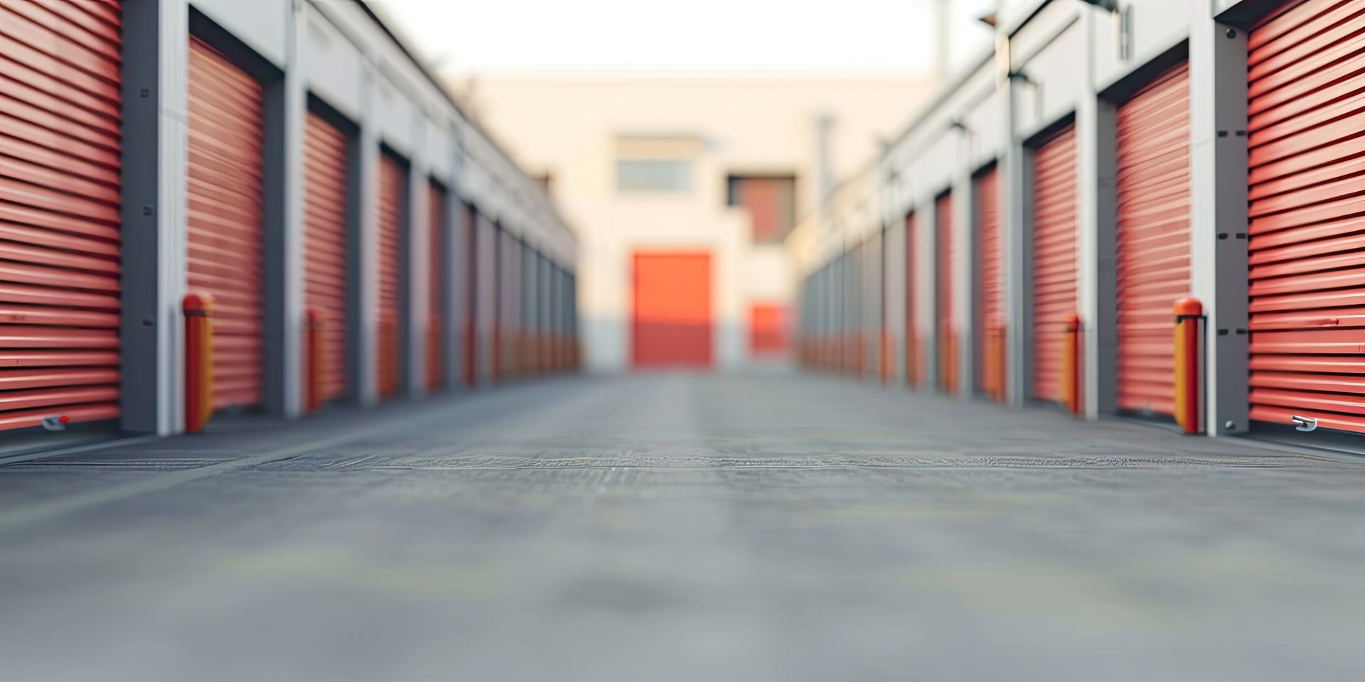 Long hallway of self-storage units with red roll-up doors on both sides.