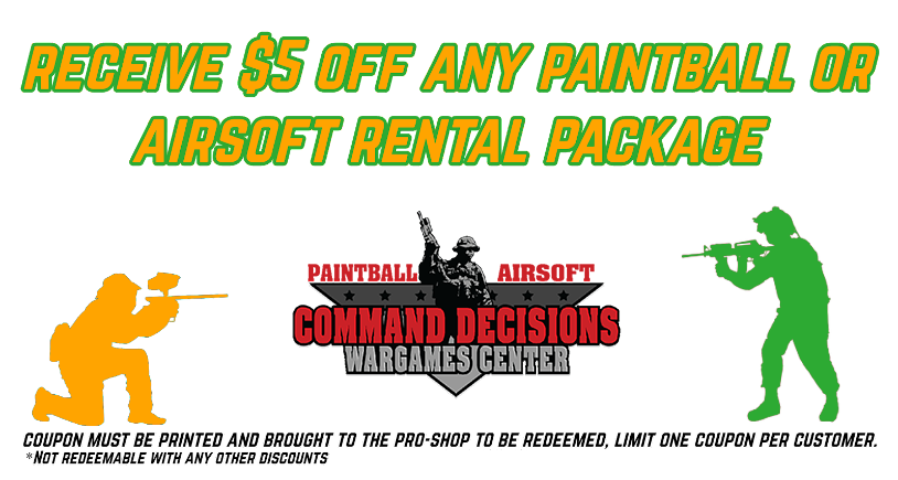 a coupon for a paintball rental package that says receive $ 5 off any paintball rental package
