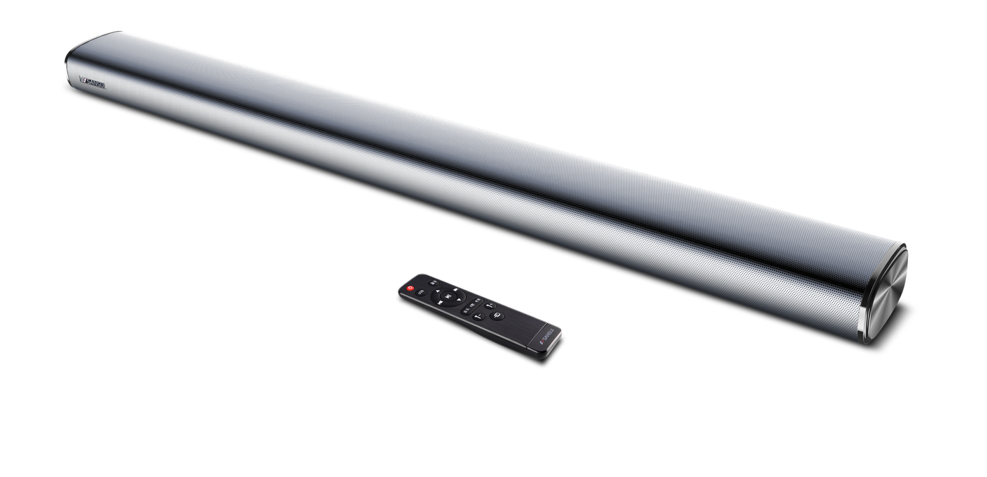 A sound bar with a remote control on a white background.