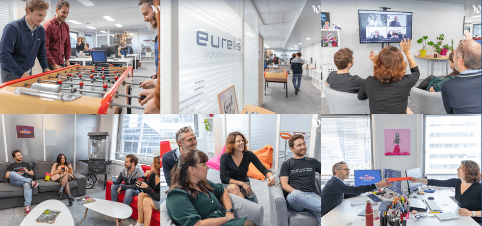 Un collage de photos d'un groupe de personnes dans un bureau.
