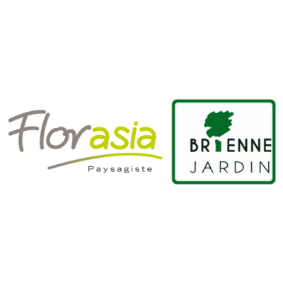 Logo de « Florasia Paysagiste » et « Brienne Jardin » avec texte vert et gris.